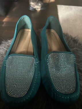 Cato Teal Crystal-Studded Loafers